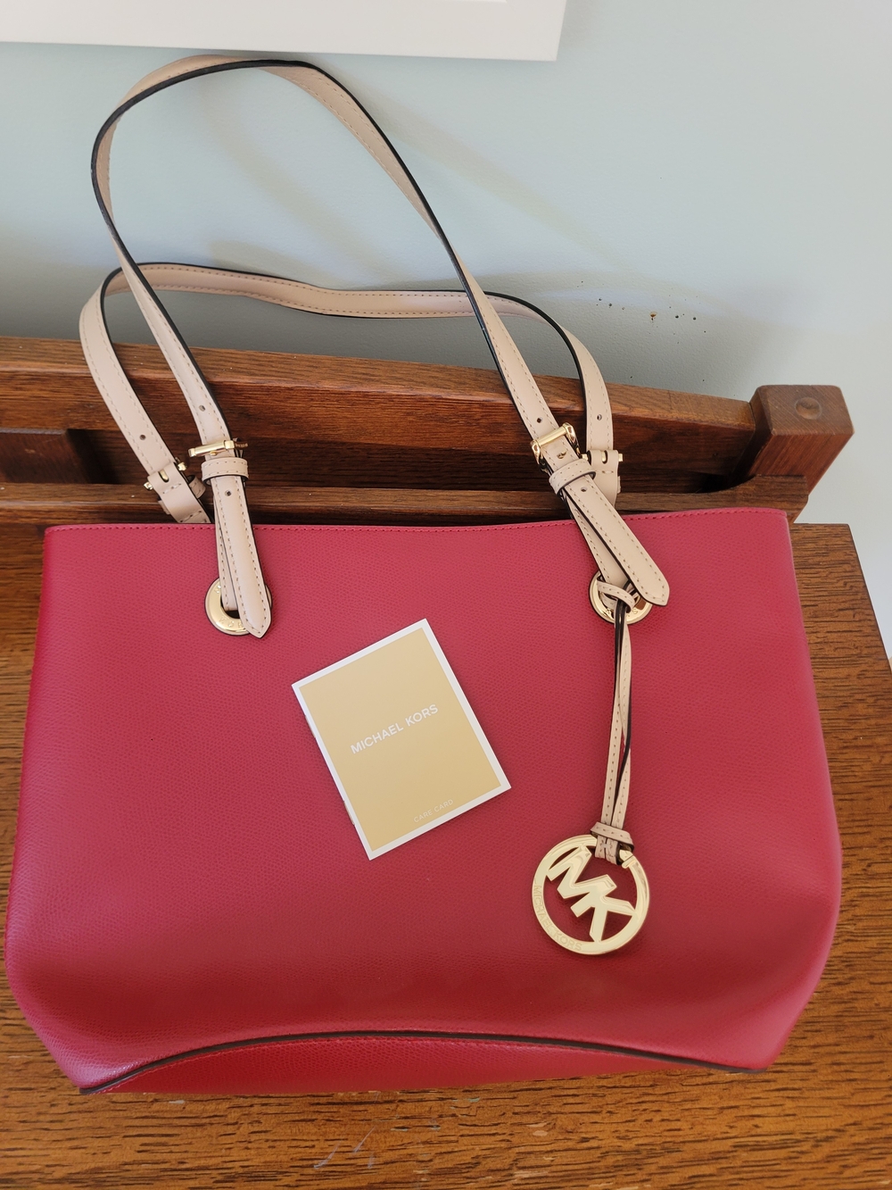 Michael Kors Red Leather Tote with Cream Straps and Gold Charm